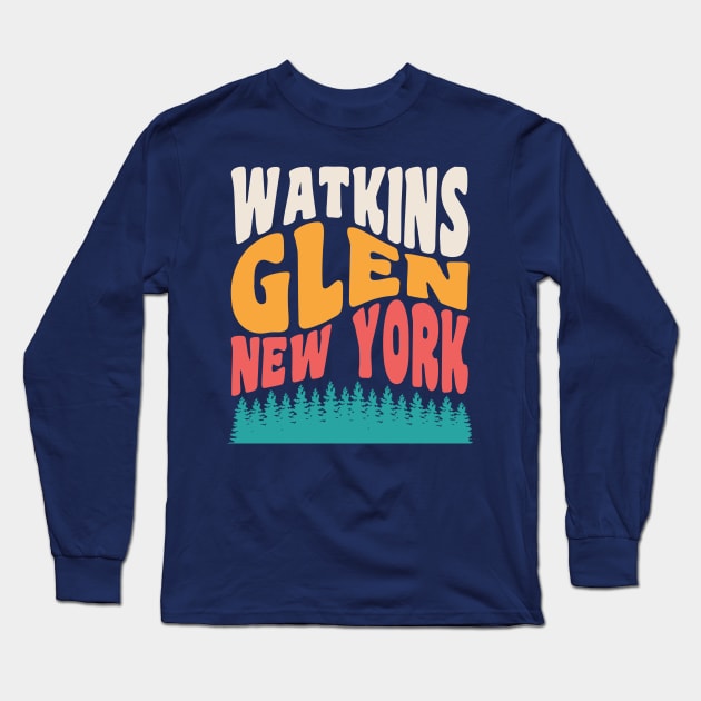 Watkins Glen State Park Hiking New York Retro Typography Long Sleeve T-Shirt by PodDesignShop